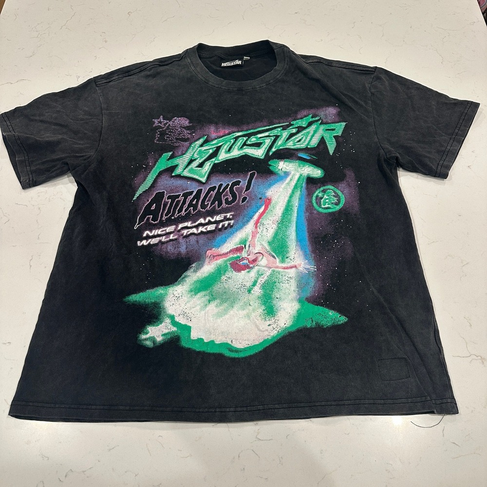 Hellstar Attacks Nice Planet Graphic T-Shirt Faded Black XL Streetwear LA Made